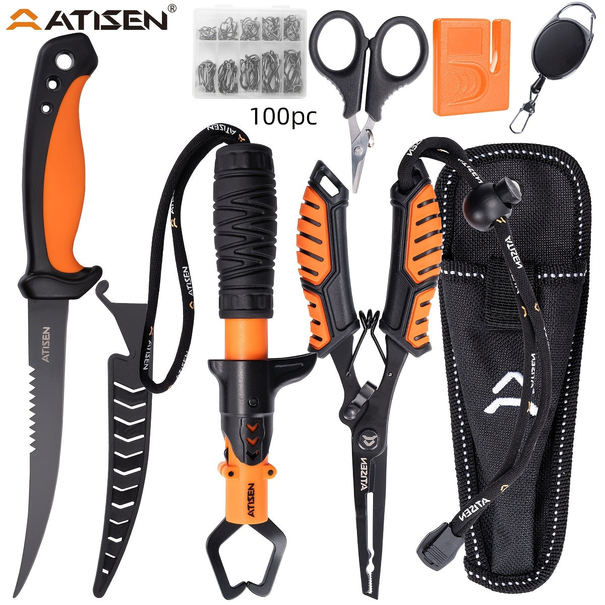 Fishing Knife Set 106PCS – Bait Knife, Luya Tongs, Knife Sharpener, Fishing Line Clippers & Anti-Loss Stretch Rope, Orange High-Visibility Fishing Tool Kit for Outdoor Camping Hiking, Best Gift for Men