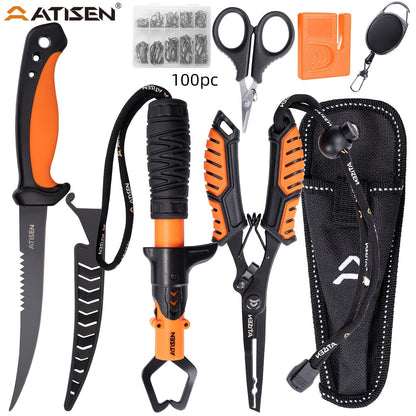 Fishing Knife Set 106PCS – Bait Knife, Luya Tongs, Knife Sharpener, Fishing Line Clippers & Anti-Loss Stretch Rope, Orange High-Visibility Fishing Tool Kit for Outdoor Camping Hiking, Best Gift for Men