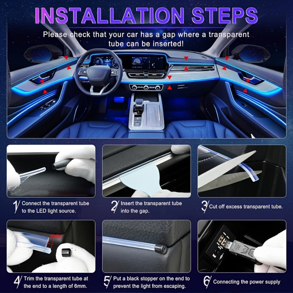 RGB Car Interior Ambient Lights LED Strip 8-Color App Control Music Sync Dashboard Door Console Neon Lighting Kit for Tesla Truck SUV Off-Road, USB 5V Plug-and-Play Car Decor Accessories