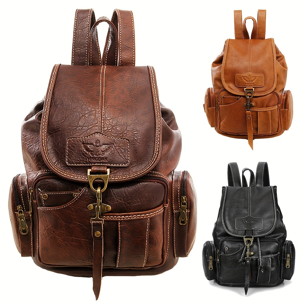 Vintage PU Leather Backpack Shoulder Satchel Multi-Carry Water Resistant Geometric Pattern Zipper Adjustable Strap for Men Women School Travel