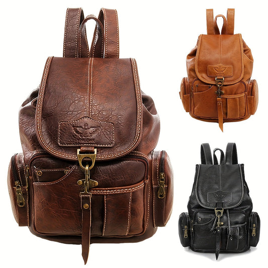 Vintage PU Leather Backpack Shoulder Satchel Multi-Carry Water Resistant Geometric Pattern Zipper Adjustable Strap for Men Women School Travel