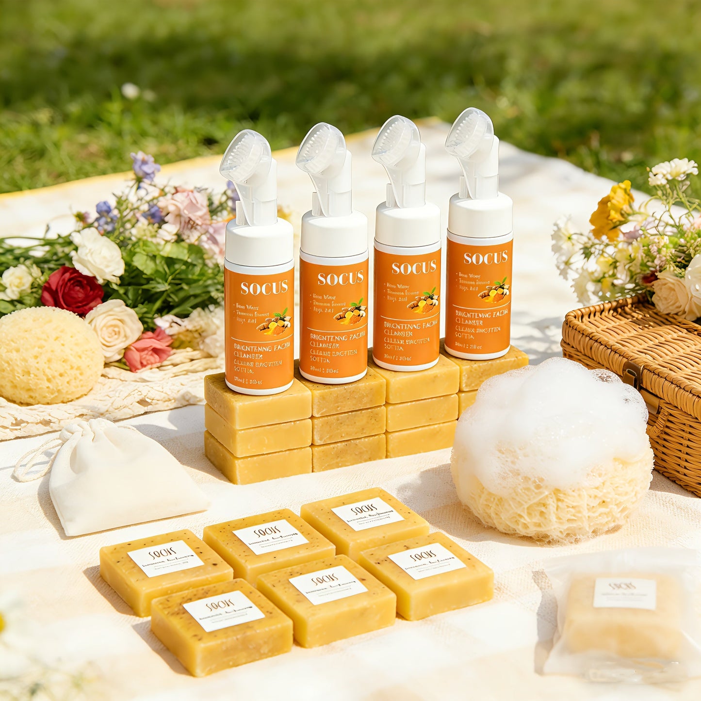 Turmeric Kojic Acid Brightening Soap Handmade Lemon Cold Process Deep Cleansing Hydrating Bar for Face & Body All Skin Types – Bundle Sets with Liquid Soap & Face Wash, Skincare Gift for Women