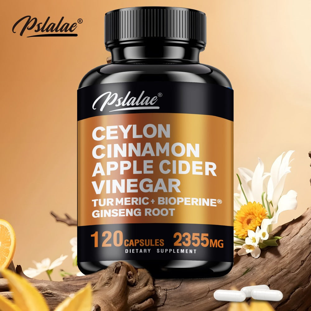 Ceylon Cinnamon Capsules 120 Count with Apple Cider Vinegar Turmeric Bioperine & Ginseng — 5-in-1 Blood Sugar Metabolism & Immune Support Herbal Supplement for Women and Men