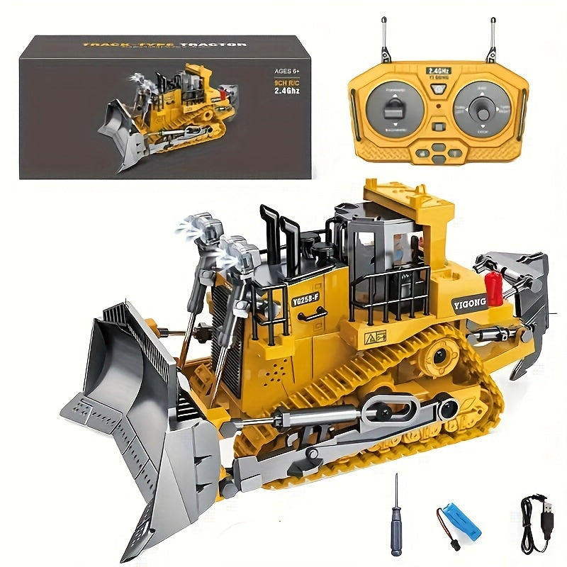 RC Bulldozer 9-Channel 2.4GHz Remote Control – Multifunctional Engineering Vehicle Toy with Alloy Metal Cover | Indoor Outdoor RC Construction Toy, Birthday & Christmas Gift for Boys Ages 6+