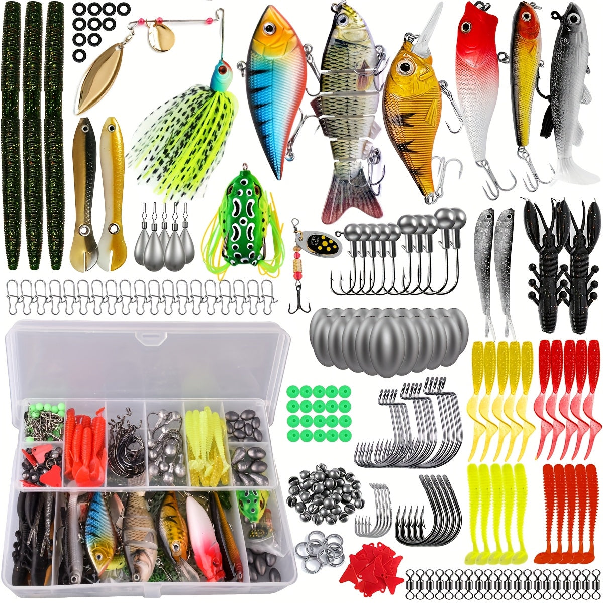 Fishing Lures Tackle Box Kit 52–360pcs – Animated Lures, Crankbaits, Spinnerbaits, Soft Plastic Worms & Topwater Lures for Bass, Trout, Salmon – Saltwater & Freshwater