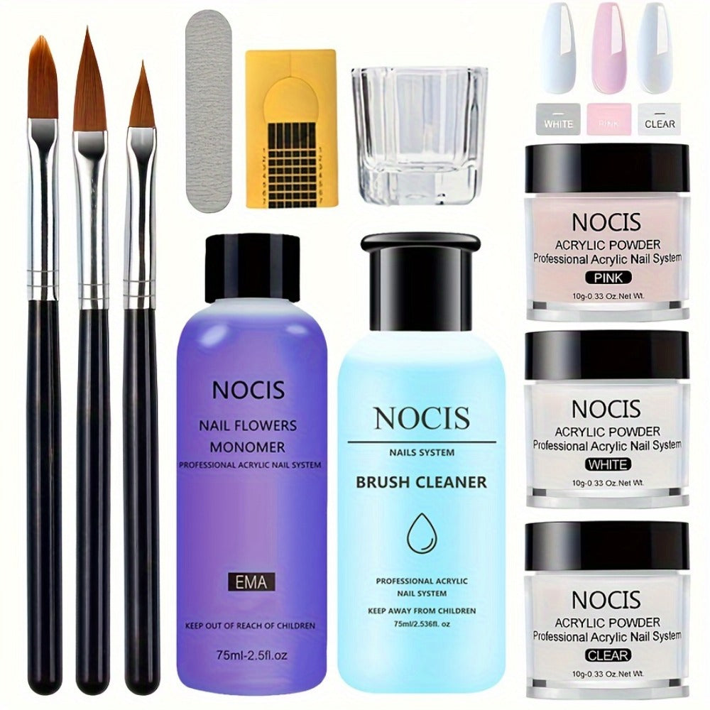 Acrylic Nail Kit Professional Complete Set with Clear Pinkish Nude Powder Non-Yellowing Liquid Monomer Nail Brush & Cleaner - Salon Quality DIY Home Manicure Nail Extension Tools