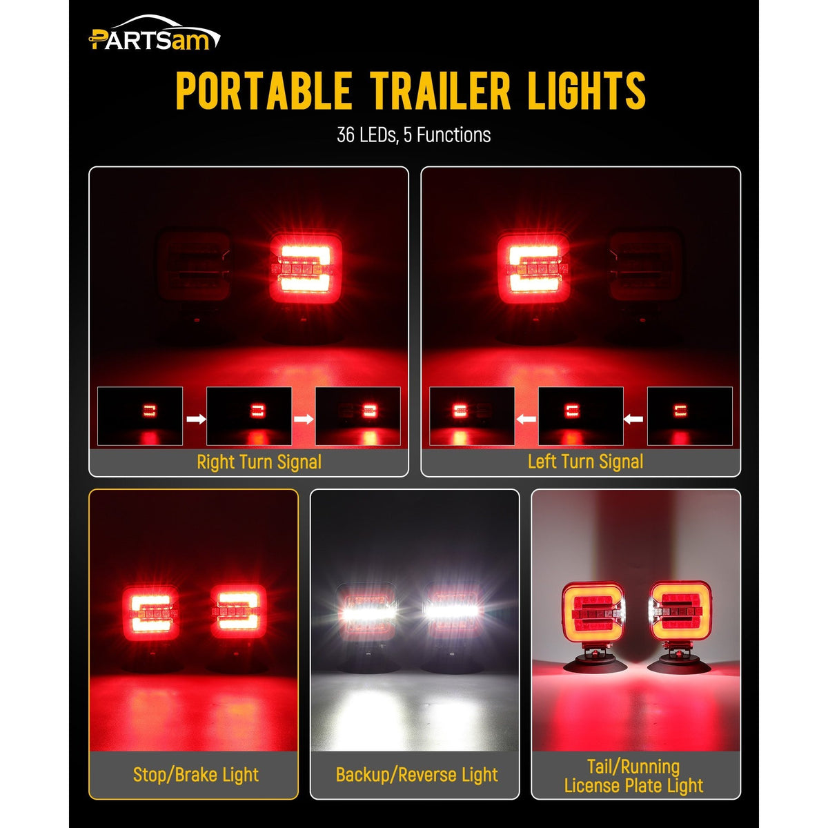 Partsam Wireless LED Trailer Light Kit, Square Portable Magnetic Stop Turn Reverse License Towing Tail Lights with Metal Bracket 7-Pin Plug for Trucks Trailers 12-24V