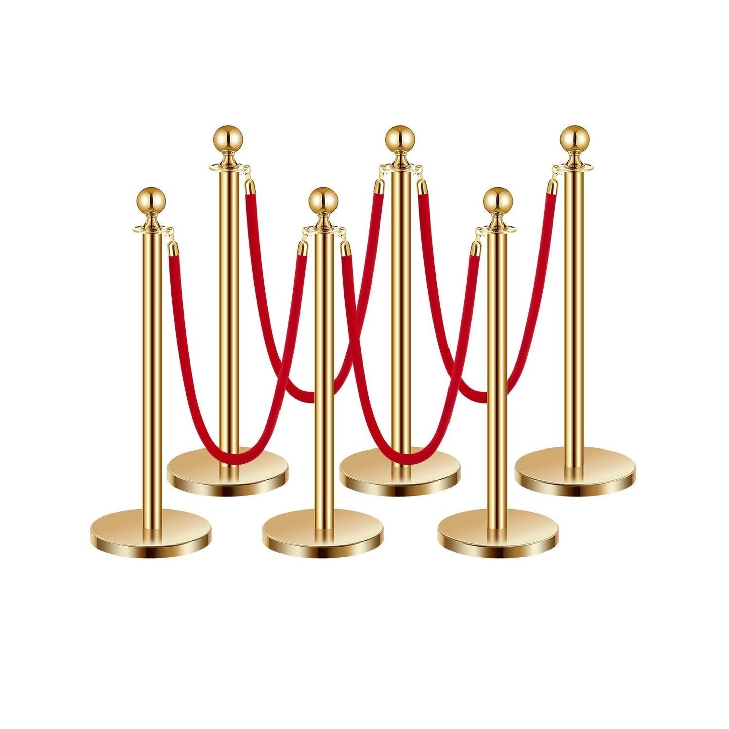 Stanchion Posts with Red Velvet Rope Set - Gold Crowd Control Barrier, 201 Stainless Steel Queue Poles with Sand-Fillable Base & 4-Way Connectors, for Wedding Event Party Museum Hotel, 4/6/8 Pcs