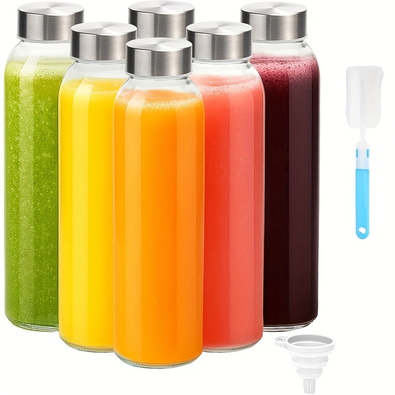 Glass Water Bottles with Lids 6 Pack 18oz – Reusable Leak-Proof Juice Bottles with Stainless Steel Caps for Smoothies, Beverages & Refrigerator Storage, BPA Free, Includes Cleaning Brush & Funnel