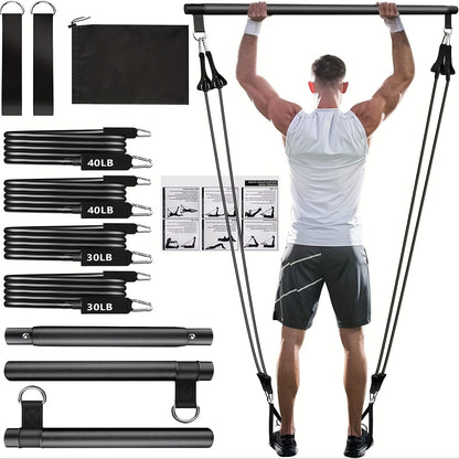 Resistance Band Pilates Bar Kit 8-Piece – 150LB Bands, Ankle Straps & Drawstring Bag, Portable Home Gym Fitness Set for Full Body Workout for Men & Women