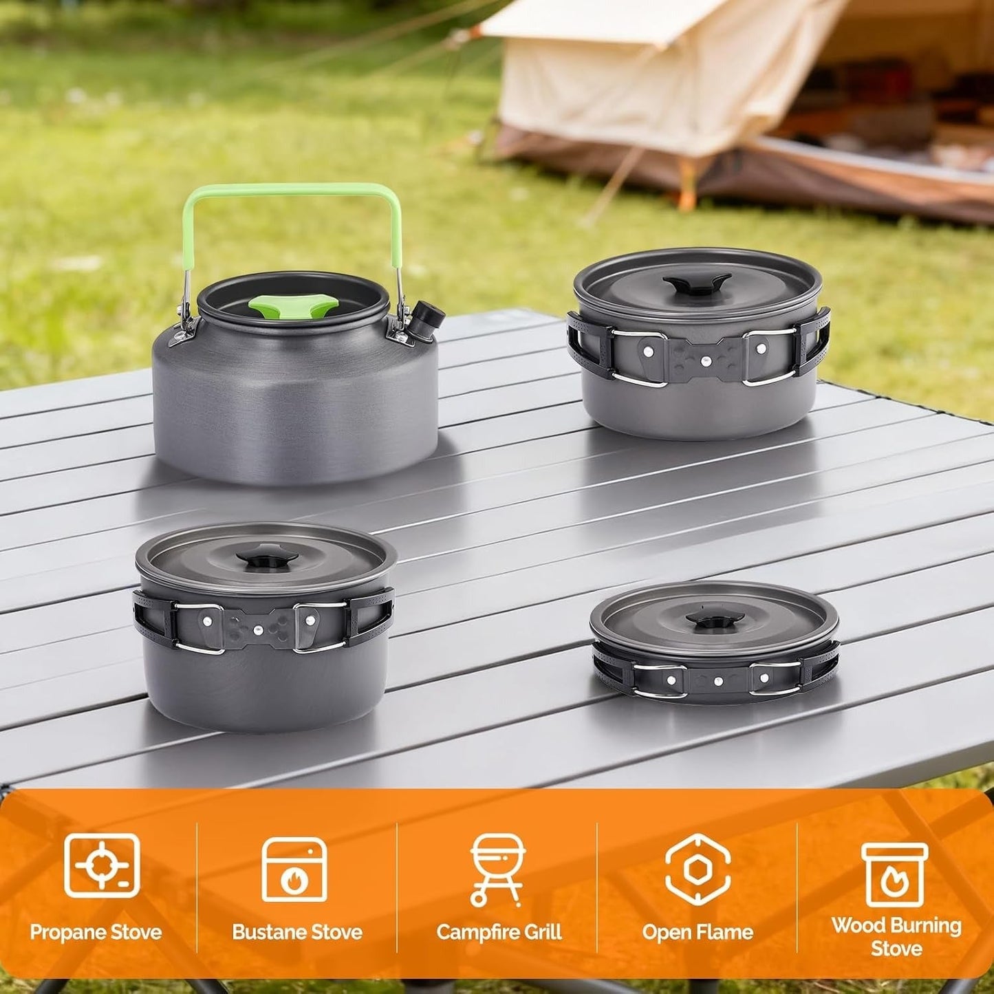 Backpacking Cookware Mess Kit 19/27pcs – Non-Stick Pot Pan Kettle with Stainless Steel Cutlery, Lightweight Camping Cook Set for Open Fire, Hiking & Outdoor Cooking