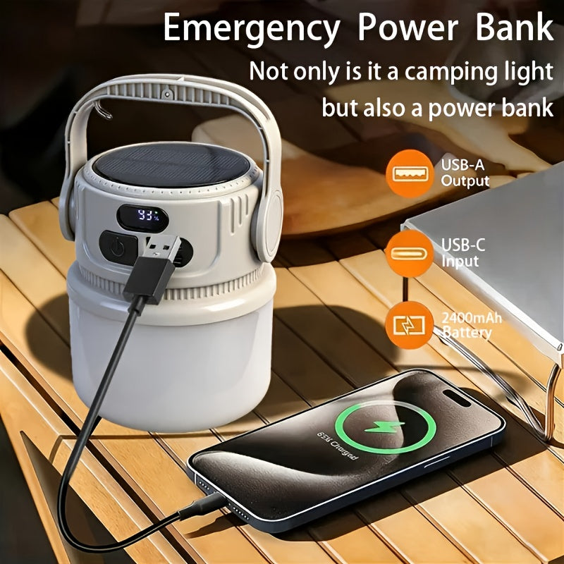 Solar LED Camping Light with Hook – 6 Modes, USB-C Rechargeable, 300LM, IPX4 Waterproof, Emergency Power Bank, Portable Tent Light for Camping, Hiking & Power Outages
