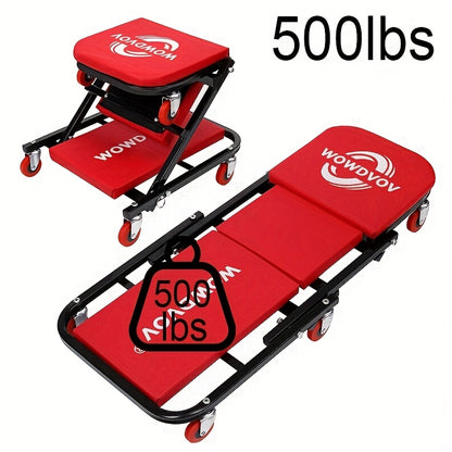Auto Repair Bench with Roller Moving Tool Tray(Sold Separately), Wheel X Mechanical Climber 3-In-1/2-In-1 Z-Shaped Seat with 500 Pound Capacity, Foldable And Adjustable Rolling Garage Folding, Lying Down, Sitting And Leaning with 6 Wheel Rollers