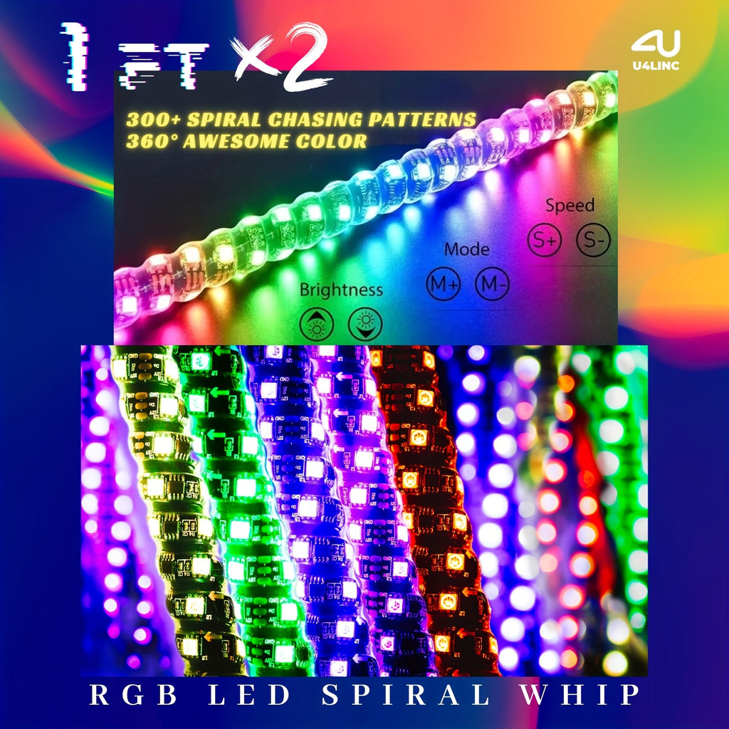 1 Pair (2pcs) 1ft/2ft/3ft/4ft Brighter RGB LED Whip Lights Flag Pole Remote And APP Control Color Changing Lamp Spiral RGB Music Chasing/Dancing Neon Light Whips for UTV ATV RZR SXS Side By Side Dune Buggy Offroad Truck (w/o Spring Base)