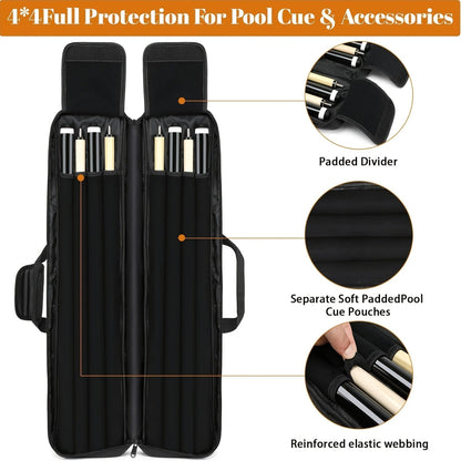 Pool Cue Case 4x4 with Hidden Backpack Strap | Billiard Cue Bag Holds 4 Butts & 4 Shafts | Hard Shell Pool Stick Carrying Case with Large Front Accessory Pockets | Black