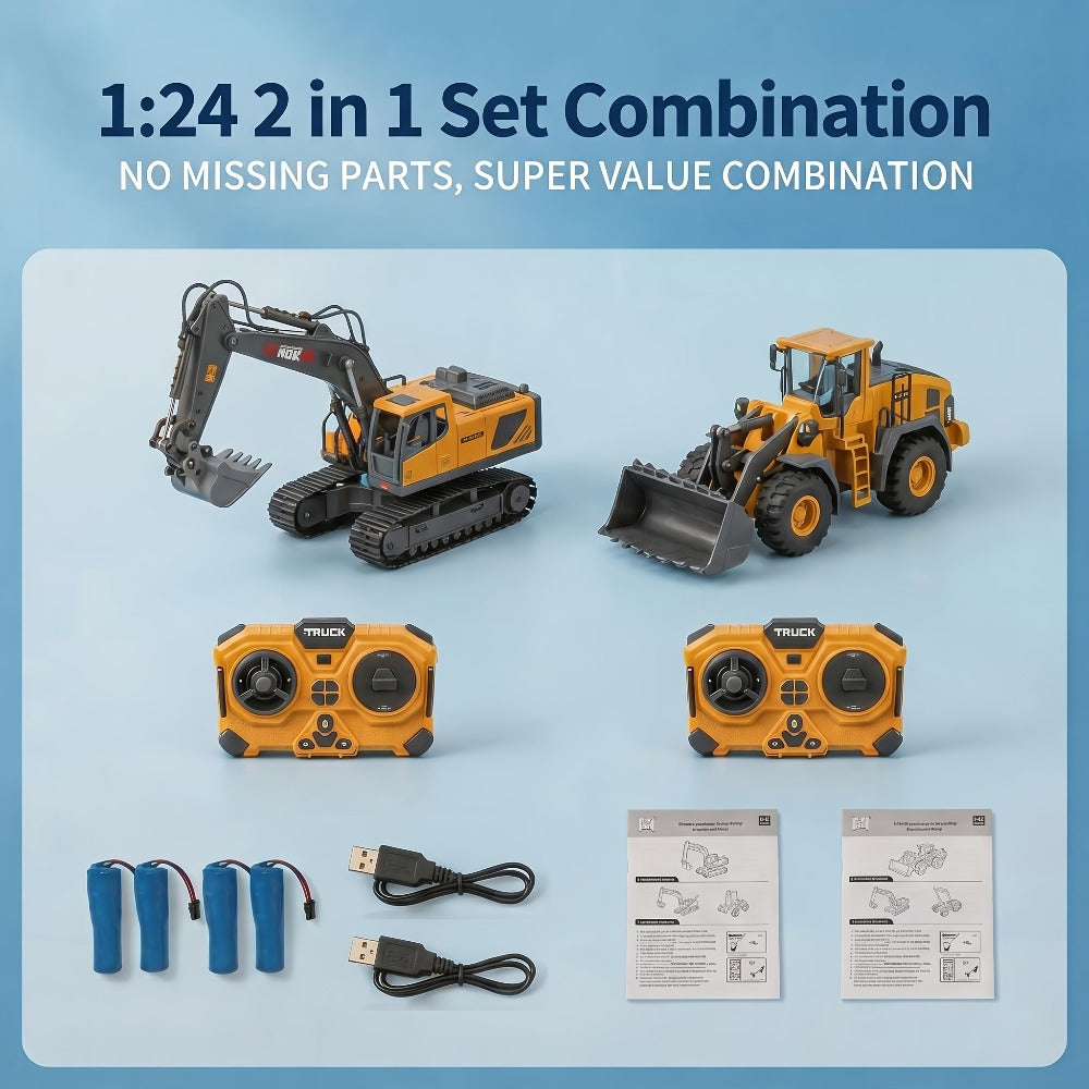 RC Construction Vehicle Set 2.4G 11-Channel Remote Control Excavator Dump Truck Bulldozer | 1:24 & 1:64 Alloy Engineering Toy | 2-in-1, 3-in-1, 4-in-1 Kit for Kids Adults