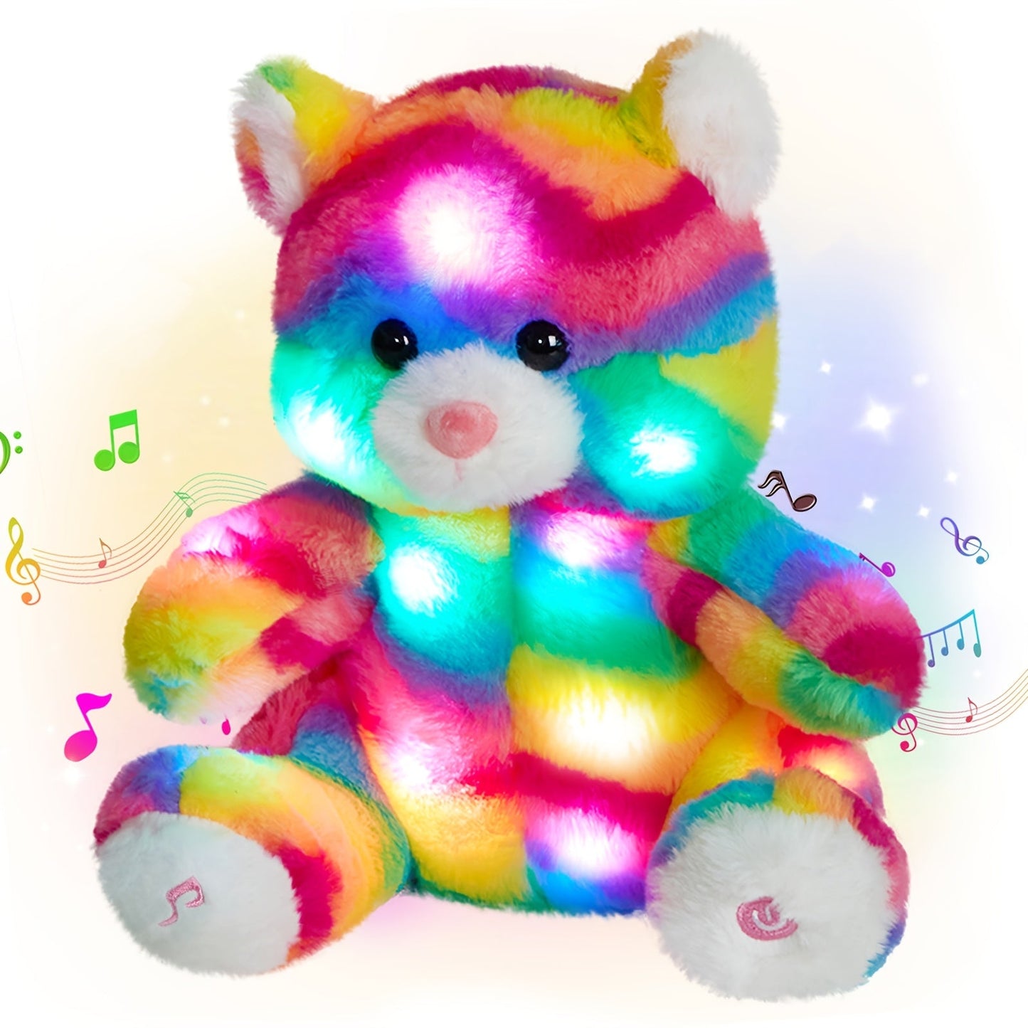 Glow in the Dark Rainbow Cat Plush Toy with Music — Kawaii Glowing Kitty Stuffed Animal Night Light Companion for Kids Girls, Birthday Mother's Day Christmas Valentine Gift for Cat Lovers