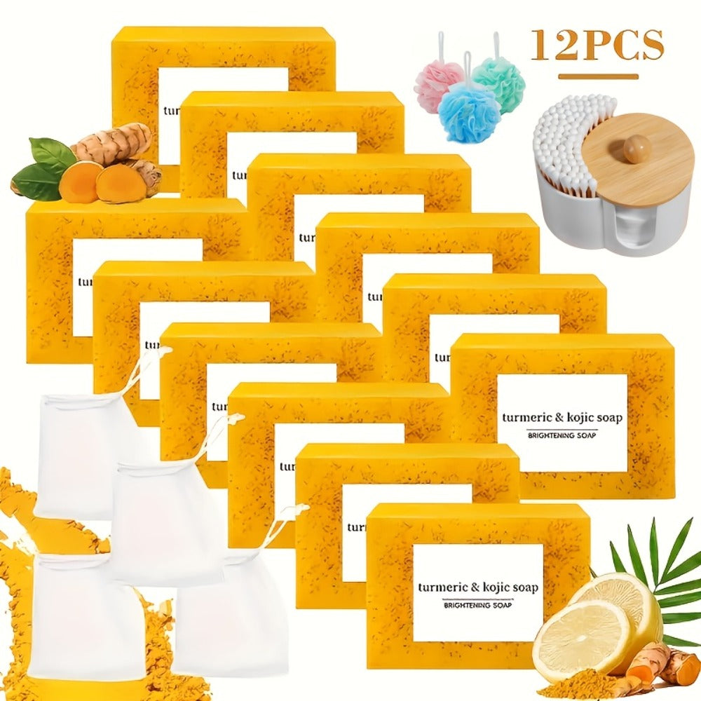 Kojic Acid Soap Set with Turmeric & Lemon – Handmade Cold-Processed Brightening Bars for Face & Body, Deep Cleansing & Hydrating, All Skin Types, Includes Foaming Net & Bath Tools