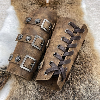 Viking Medieval Leather Arm Guards Bracers – PU Leather Knight Gauntlets Adjustable Metal Buckles Rivets for Men Women Halloween Cosplay LARP Renaissance Fair Stage Costume Dark Brown Khaki Black
