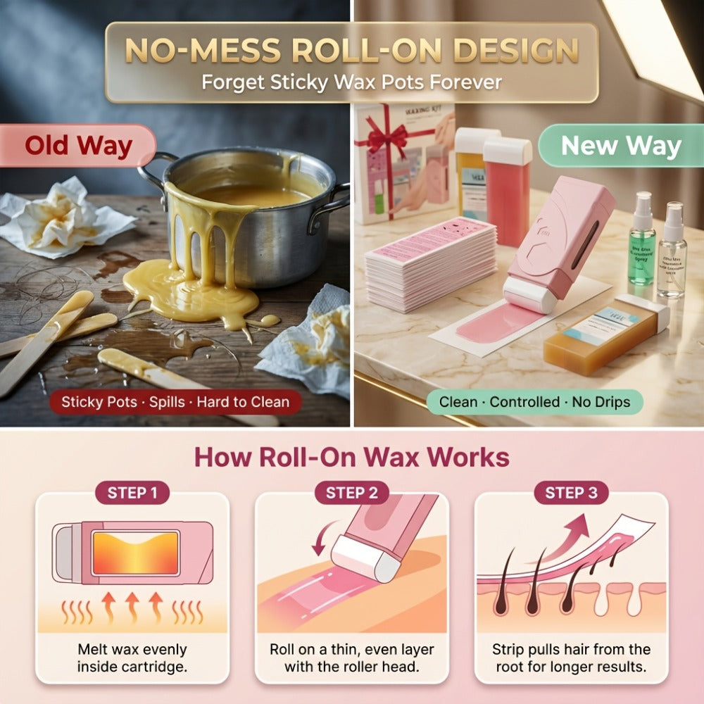 Roll On Wax Kit 105 Piece Complete Home Waxing Set - 2 Roll On Wax Rollers, Wax Warmer, 100 Waxing Strips, Lavender Oil & Pre-Post Spray - Pro Hair Removal for Face Brazilian Bikini Full Body Sensitive Skin
