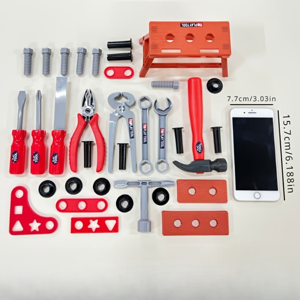 Kids Tool Set 38 Piece Pretend Play Construction Toy – Educational Simulation Toolbox Building Kit for Boys & Girls Ages 3+ Toddler STEM Gift for Birthday Christmas Holiday Red