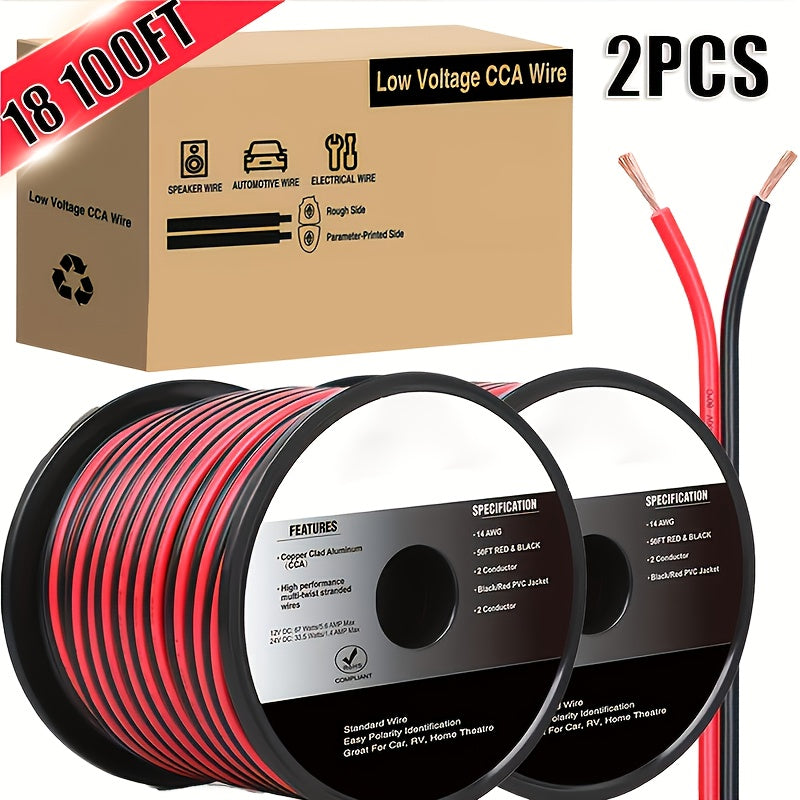 CCA Speaker Wire 16AWG – Red & Black Copper Clad Aluminum 2-Conductor DC Cable for Car Audio, Radio, Amplifier & Home LED Strip Lights (12V/24V, Flexible Spool)