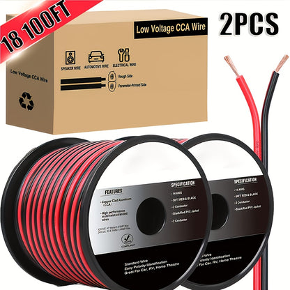 CCA Speaker Wire 16AWG – Red & Black Copper Clad Aluminum 2-Conductor DC Cable for Car Audio, Radio, Amplifier & Home LED Strip Lights (12V/24V, Flexible Spool)