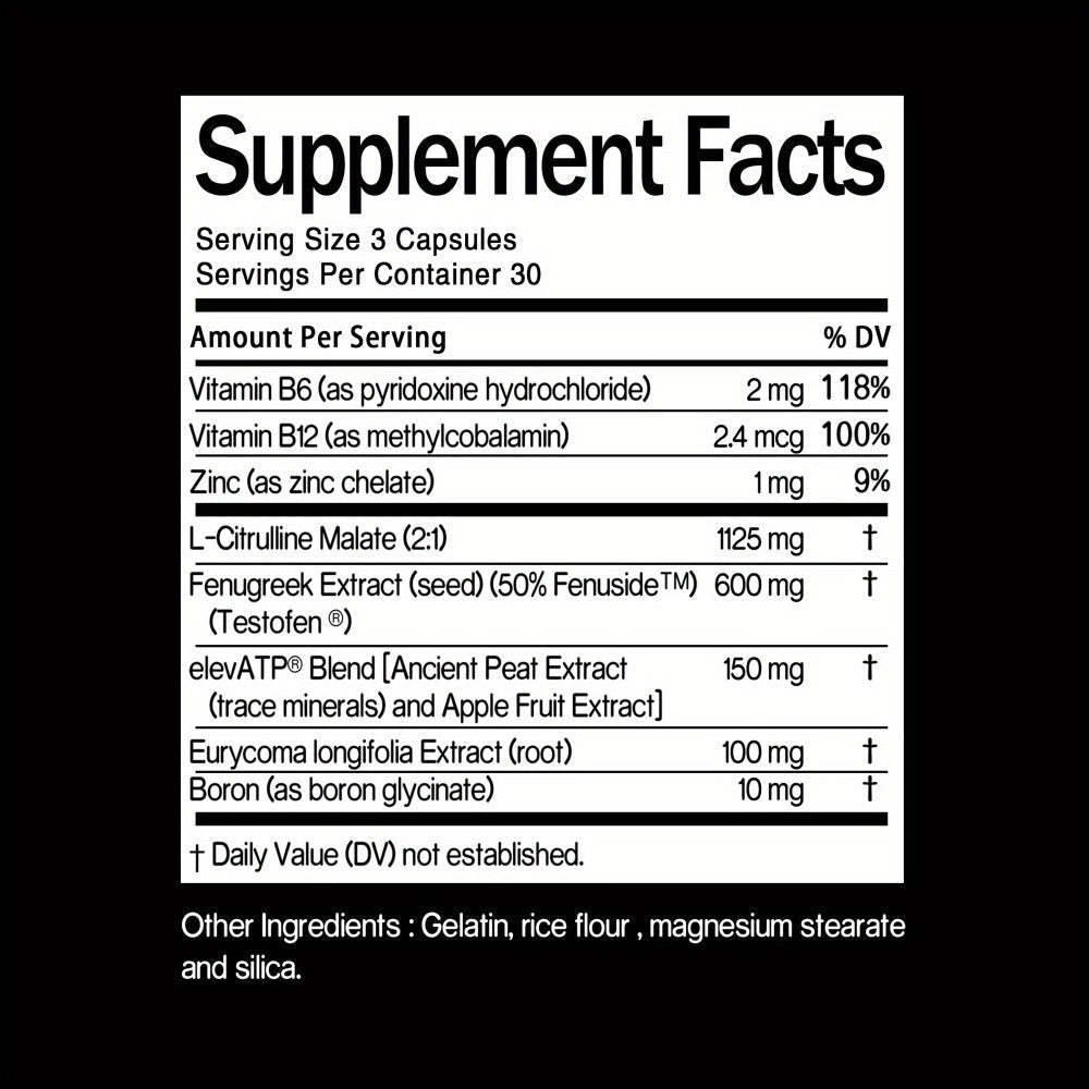 Men's Health & Muscle Support Supplement with L-Citrulline, Fenugreek & Vitamin B6 - Testosterone, Energy & Circulation Booster - Total-T Daily Male Wellness Formula