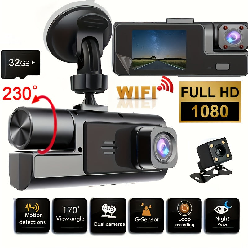 Two/Triple Camera Dash Cam - Infrared Night Vision, 1080P Front And 720P Rear,170° Wide Angle & Built-In Audio - Optional 32GB Card, Loop Recording, G-Sensor - Perfect Vehicle Safety Camera 24 Hours Parking Mode for New Cars Or Holiday Gifts