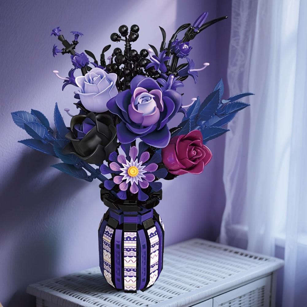 Gothic Flower Bouquet Building Block Set 1218pcs – DIY Artificial Floral Arrangement & Vase Brick Kit, Multicolor Home Office Decor Display, Unique Birthday Valentine's Day Gift for Women