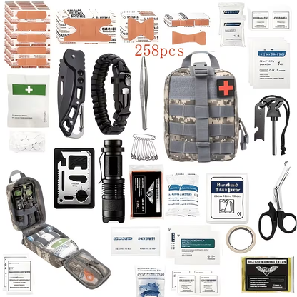 Outdoor Survival Gear Set 11/13/258-Piece – Professional Emergency Kit with Fire Starter & Compass | Multi-Tool Outdoor Equipment for Camping, Hiking & Adventure