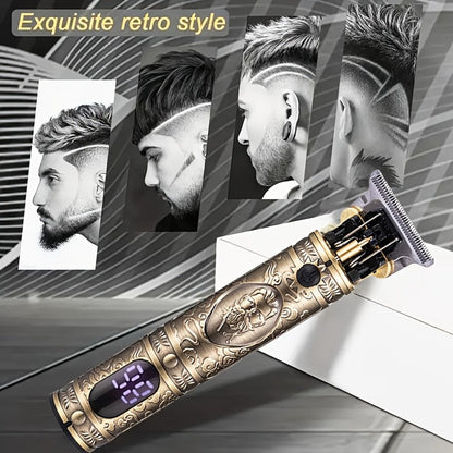 Retro T-Blade Wireless Hair Clipper for Men — Vintage Design Electric Trimmer Set with LED Display USB Charging Multiple Accessories, T9 T10 Models Bronze Gold Black, Grooming Gift for Him