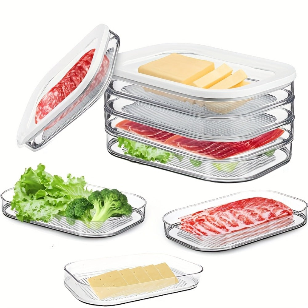 Stackable Refrigerator Organizer Containers 4-Tier with Lids – Meat Preservation Box, Food Storage for Vegetables, Fruits & Cooked Meats, Fridge Organization Set