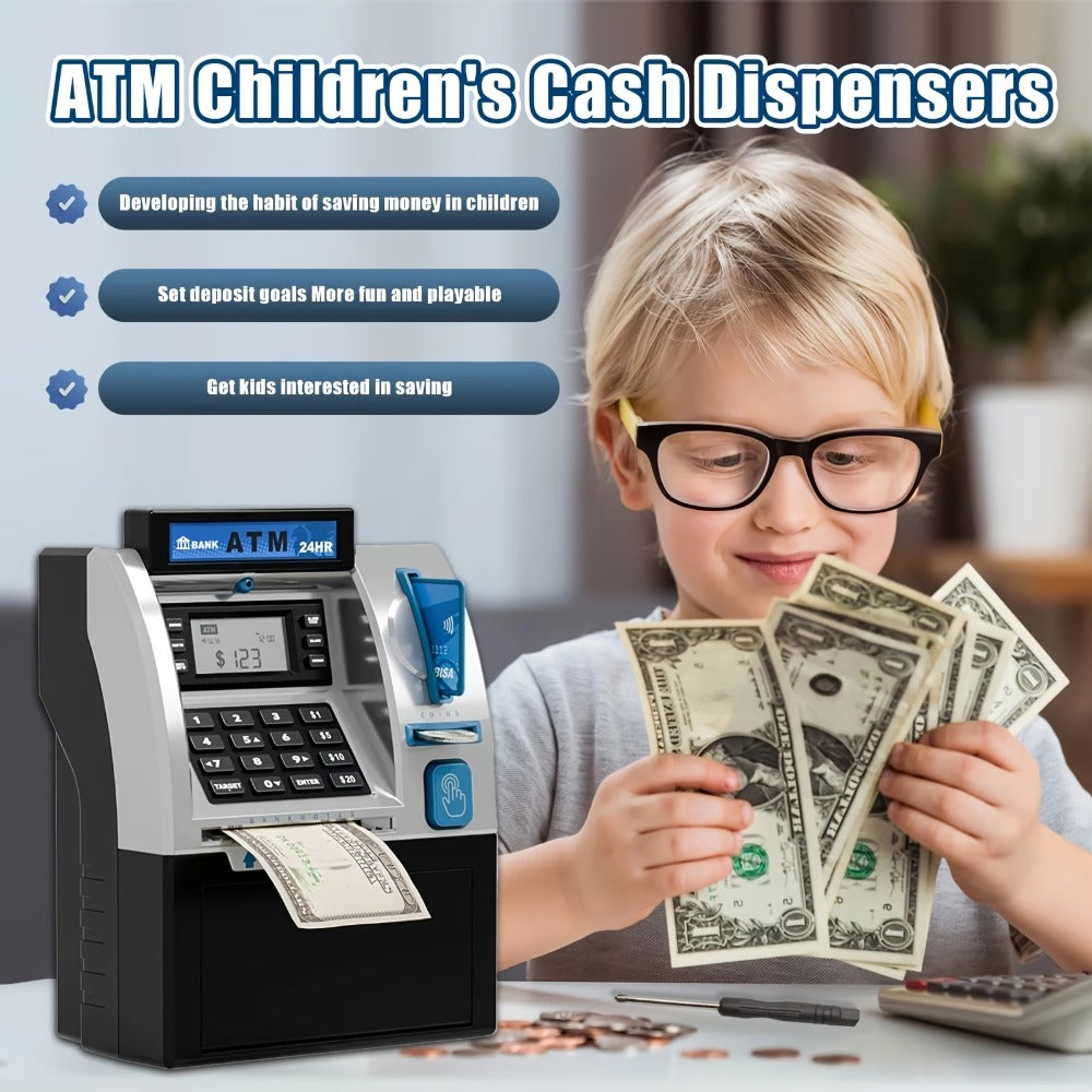 Electronic ATM Kids Piggy Bank with Password – Banknote & Coin Savings Bank for Boys Girls, Birthday Gift, Christmas Gift, Interactive Money Bank Toy, Black & Blue