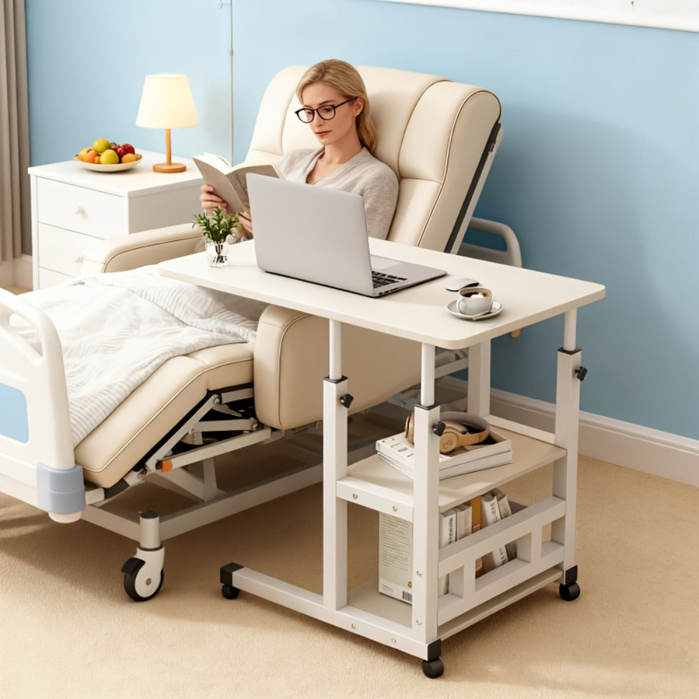 Rolling Overbed Table with Brake Wheels – Adjustable Height Bedside Nursing Dining Table for Elderly & Patients | Lockable Caster Wheels, Over-Bed Card Tray Design, 4 Colors, Practical Gift