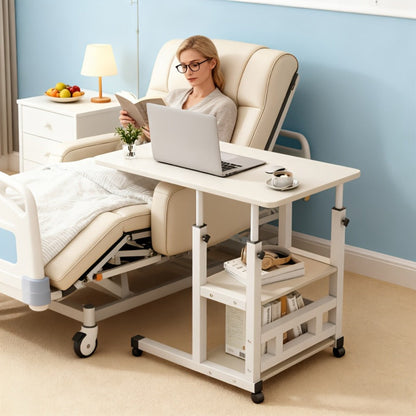 Rolling Overbed Table with Brake Wheels – Adjustable Height Bedside Nursing Dining Table for Elderly & Patients | Lockable Caster Wheels, Over-Bed Card Tray Design, 4 Colors, Practical Gift