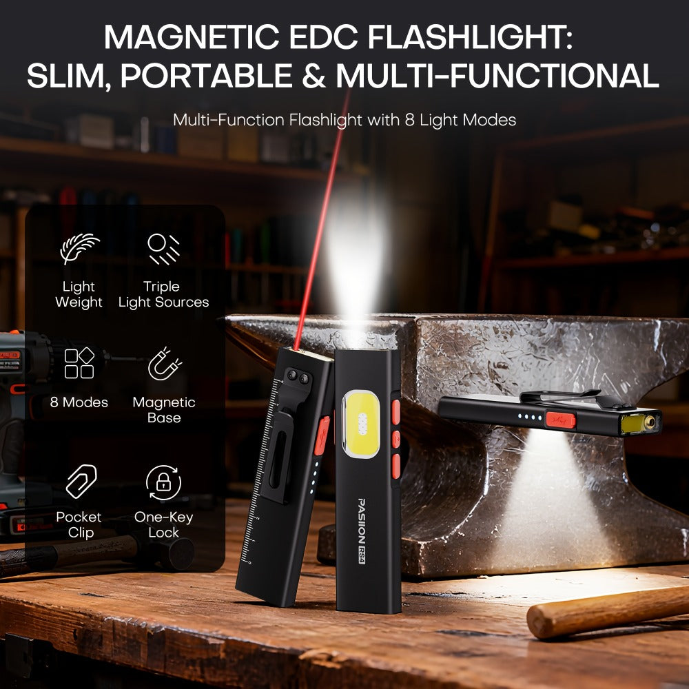 Multi-Function EDC Flashlight 11 Lighting Modes | UV Infrared Red Laser COB Work Light Magnetic Tail | Rechargeable Power Indicator Flat Pocket Emergency Flashlight