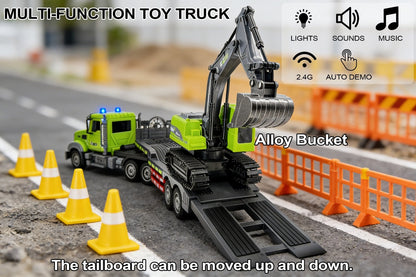 RC Semi Truck with Flatbed Trailer & Alloy Excavator Set 1:12 Scale | 11-Channel Dual Control, Sound & Lights | Construction Engineering Toy for Kids Boys