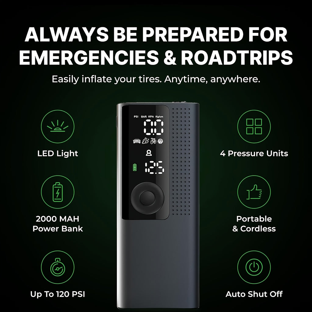 Portable Tire Inflator with Digital Pressure Gauge, Rechargeable Battery, LED Light, Cordless, Suitable for Cars, Motorcycles, Bicycles, And Balls
