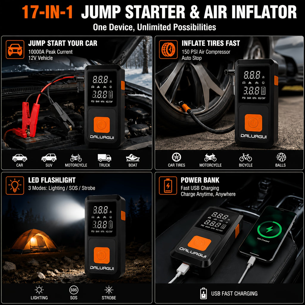 DALUAGUI 10000A 17-In-1 Portable Jump Starter with Air Compressor, Car Jump Starter, Multi-Function Power Pack with Tire Inflator, LED Light & Power Bank, for 12V Vehicles (All Gas And Diesel Engines), Cars, Trucks, Suvs, Rvs, And Motorcycles