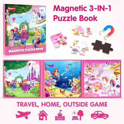 Magnetic Puzzle Book for Girls 3 4 5 6 – 3-in-1 Unicorn Mermaid Princess Travel Puzzles, 20 Pieces Folding Magnetic Jigsaw for Toddlers, Road Trip Car Airplane Activity, Birthday Gift for Little Girls