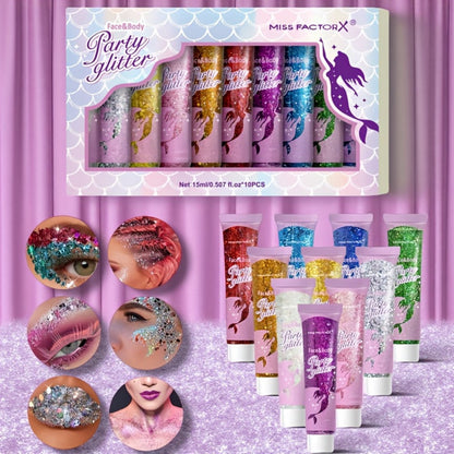 Holographic Glitter Gel Set 10 Colors Cosmetic Grade Face Body Makeup - Festival Rave Cosplay Anime Halloween Party Shimmer Skin Safe Easy Apply Remove