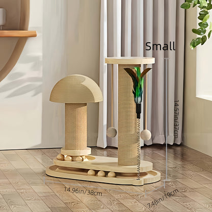 Cat Tree Solid Wood Compact Vertical Cat Climbing Structure with Sisal Scratching Post & Integrated Scratch Board, Self-Play Cat Tower for Indoor Cats, Small & Large Size