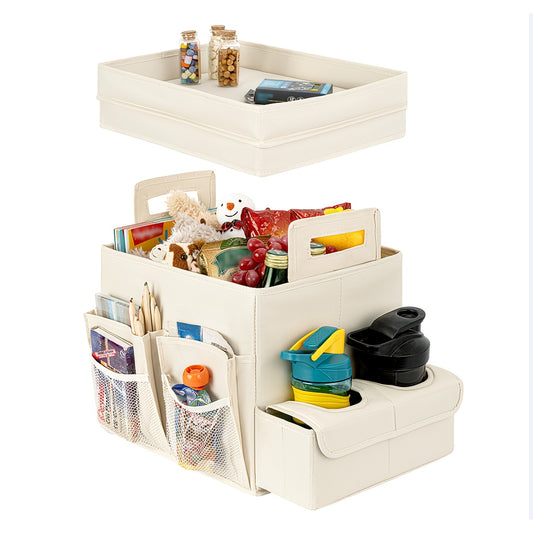 Portable Car Seat Organizer with Cup Holder Tray & Cooler Compartment - Multi-Compartment Backseat Storage for Adults, Fit Travel Accessories Organizer for Front/Rear Seats, Neutral Design, Sturdy Handles