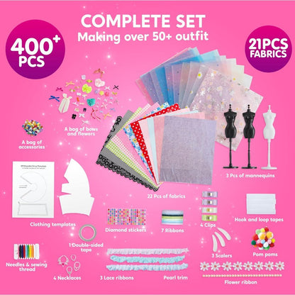 Fashion Design Kit for Girls 400+ Pieces – 3 Mannequins 21 Fabrics Ribbons Trims No-Sew DIY Dress Up Craft Set, Birthday Gift for Aspiring Designers Ages 8 9 10 11 12