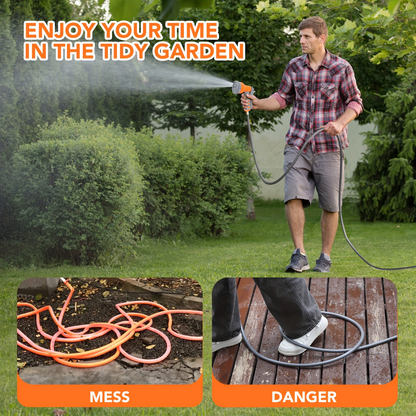 65ft Automatic Garden Hose Reel with 9-Function Sprayer | 180° Swivel, Auto-Rewind & Slow Return System
