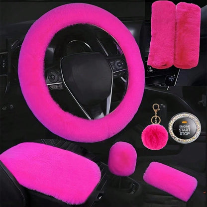 Plush Fluffy Steering Wheel Cover – Rex Rabbit Fur Texture, Universal Fit, 12 Colors (Black, Pink, Purple, Red & More), Soft Car Interior Accessory for Women