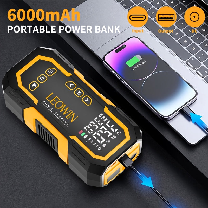 Portable Car Battery Jump Starter with Air Compressor, 12V Battery Booster Pack (9.0 Gas/1.72gal Diesel) with 150PSI Auto-Shutoff Tire Inflator, Jump Box with Smart Clamps, Jumper Cables, USB Input/output, LED Emergency, Car Accessories Tools