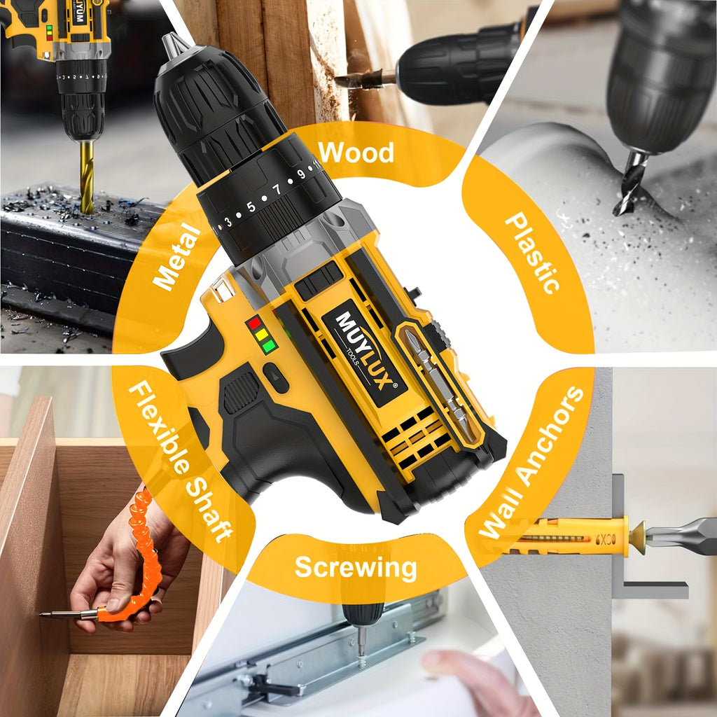20V Cordless Drill Set, Impact Power Drill with 3/8 Inch Keyless Chuck, 18+3 Clutch Electric Drill with Work Light, Max Torque 45Nm, 2-Variable Speed And 2.0AH Batteries And Fast Charger