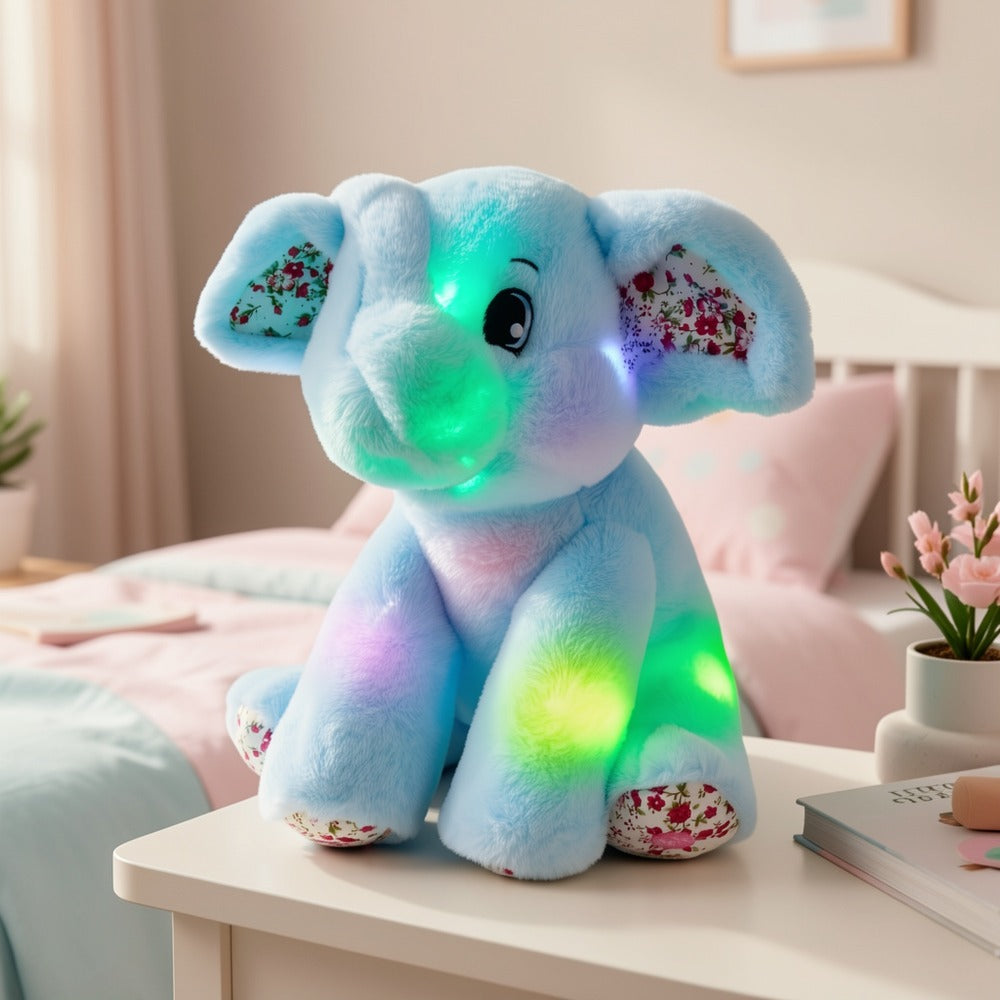 Glowing Elephant Stuffed Animal Plush Toy with LED Lights & Lullabies — Soft Floppy Blue Elephant Nightlight Companion for Babies Toddlers Kids | Birthday Easter Christmas Baby Shower Gift